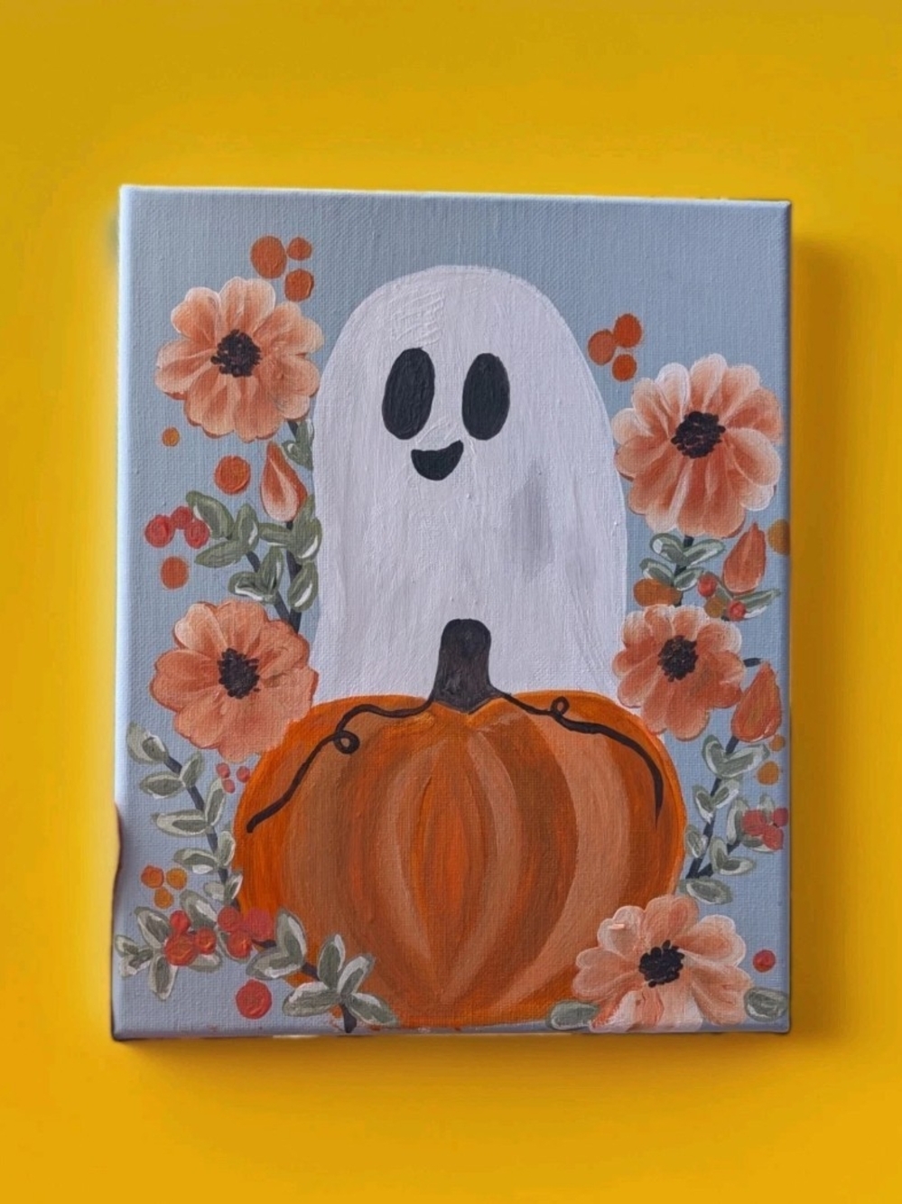 Pumpkin Ghost Floral Canvas Art Hand Painted Orange & White